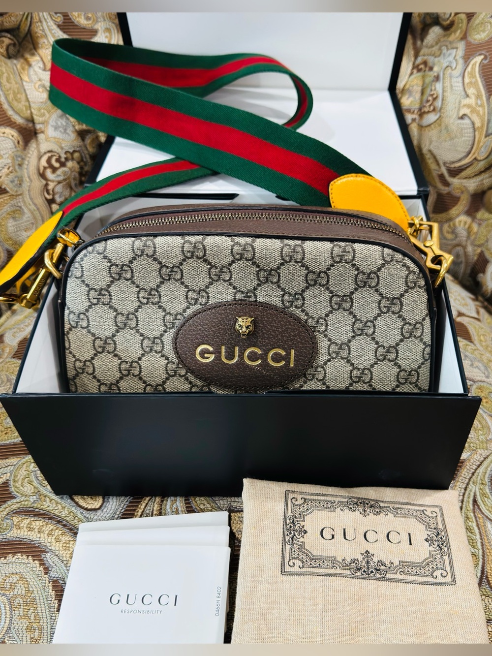 GUCCI GG Supreme Monogram Web Neo Vintage Camera Bag Beige New Acero Crop